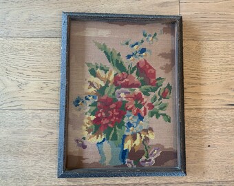 Vintage Needlepoint Red, Yellow and Blue flowers Framed Picture - Shabby Chic picture 16.5"x12 3/4"