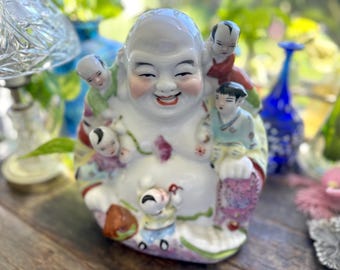 Large Famille Rose Laughing Buddha Statue Porcelain, Antique Chinese Famille Rose Porcelain Buddha Statue Figurine with Children,