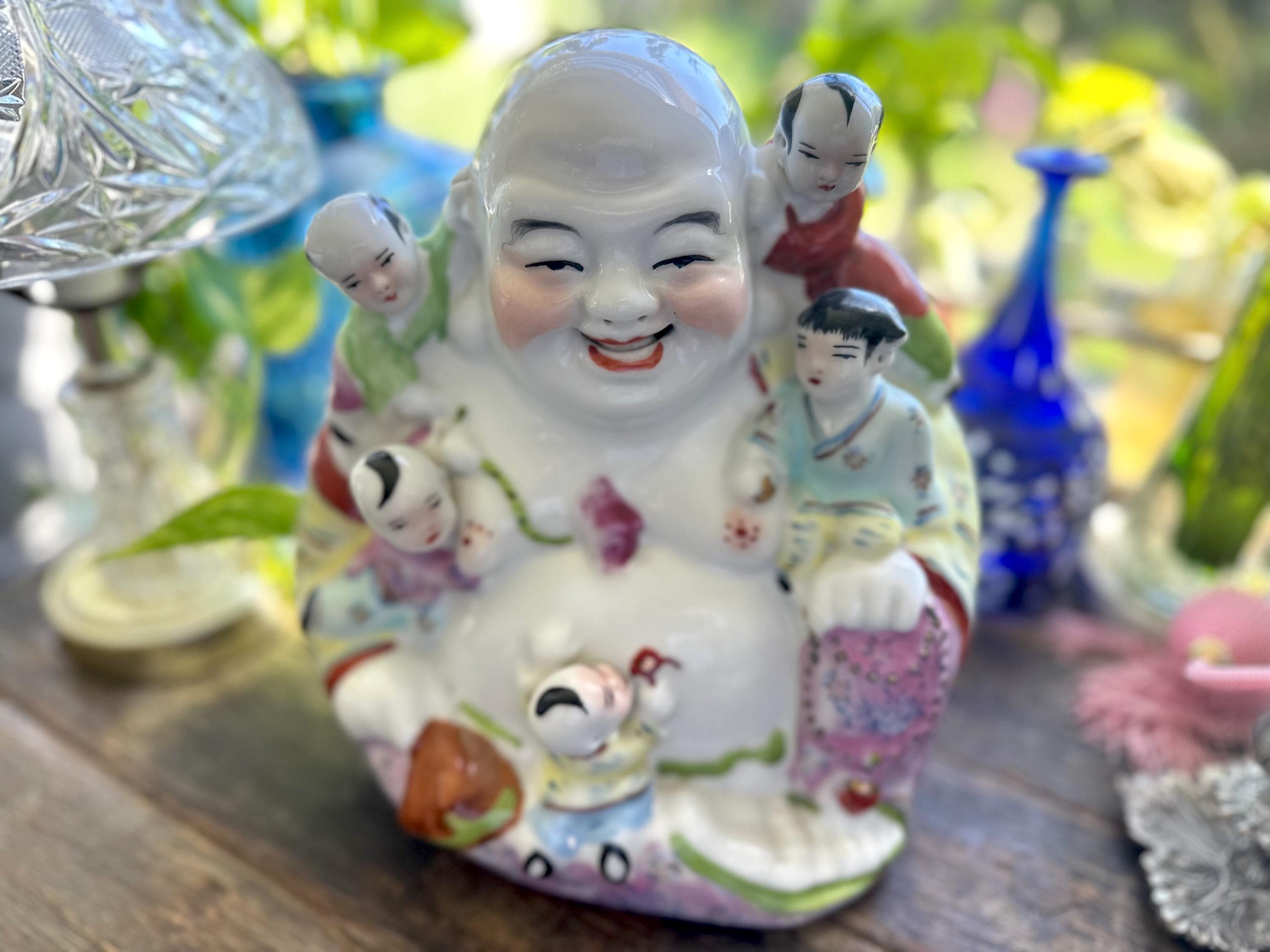Large Famille Rose Laughing Buddha Statue Porcelain, Antique
