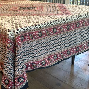 Vintage Hand-Block Printed Indian Tablecloth – 82&quot; x 80&quot; – Boho Decor, Floral Pattern, Red & Black on Cream