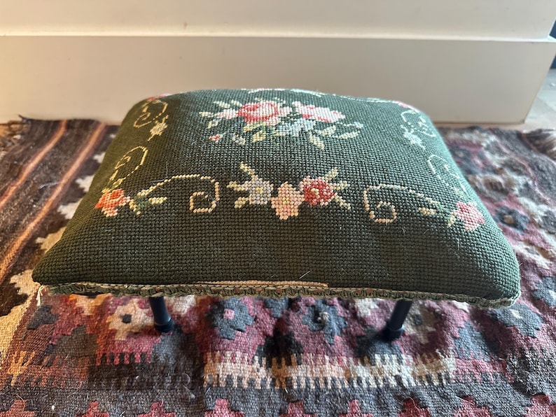 Dark Green Floral Needlepoint Footstool - SMALL Vintage Needlepoint ...