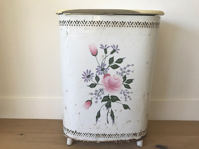 Vintage floral cream metal laundry hamper by DETECTO Etsy