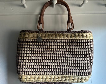 Woven beige and brown Handbag with woven handles - Shoulder Bag/Sack/basket purse by SAK