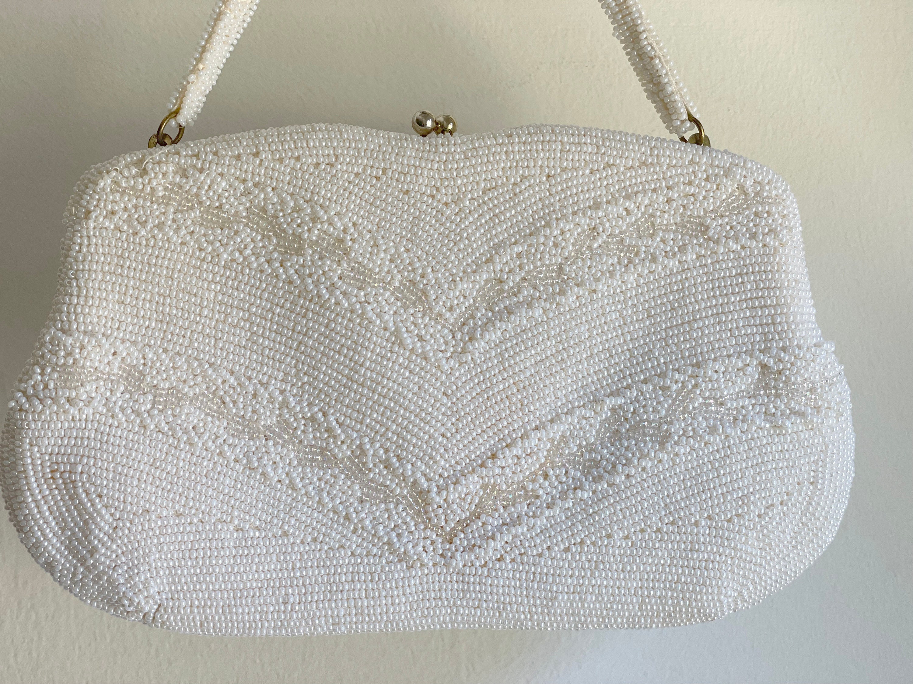 Vintage 1960s White Beaded Evening Bag - Purse with Floral Needlepoint  Design