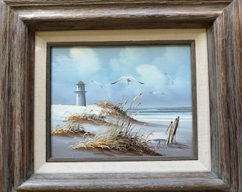 Vintage Original Oil Painting of Lighthouse, Seaside Landscape, Signed by Artist, Framed in wooden frame