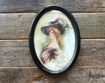 Vintage Oval Portrait Print – Edwardian Lady by Lilian Waspley Hunt – Framed Wall Art