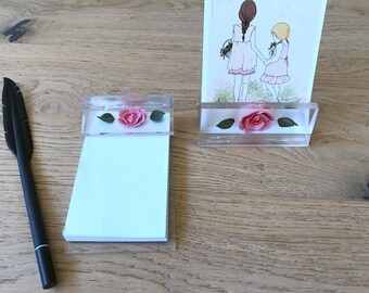 Vintage Bircraft Pink Rose Set - Lucite Vintage 2 Piece Desk Accessories Memo Holder