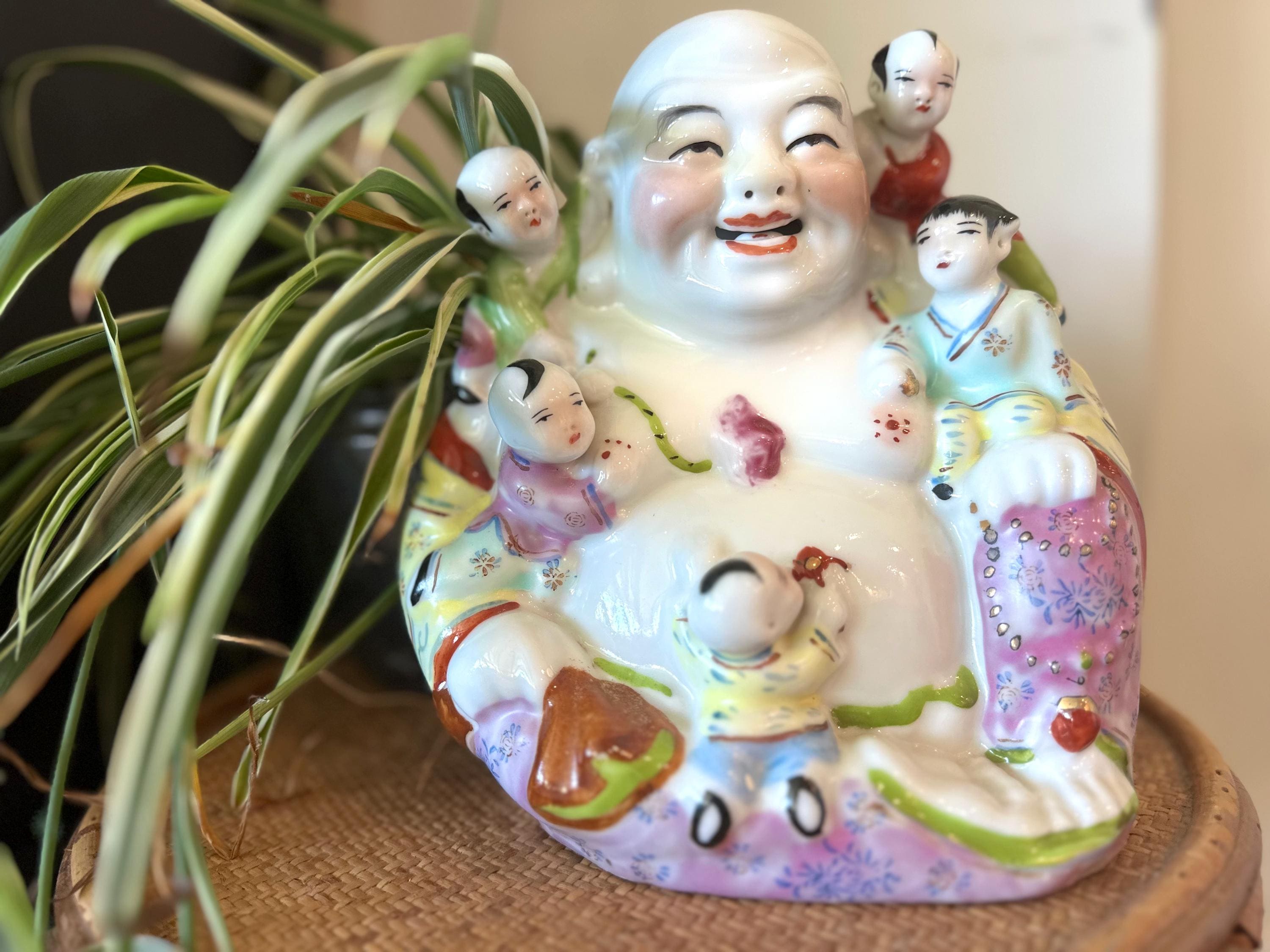 Large Famille Rose Laughing Buddha Statue Porcelain, Antique