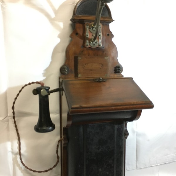 SORRY SOLD Antique Telephone Fiddle Back Hand Crank Wooden Wall Phone with Writing Slope Wooden Wall Mounted Telephone Circa 1920s