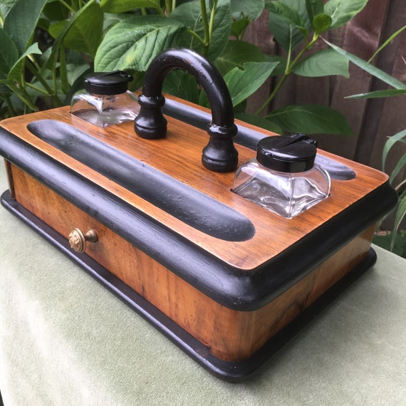 Sorry Sold Antique Walnut Veneer Portable Desktop Ink Well