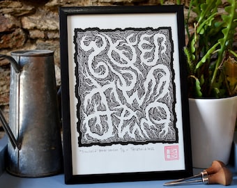 SIMULOIID BxW Version - Linocut printing by Teratoiid - Limited edition of 7 numbered & signed copies - "NO AI" guaranteed illustration
