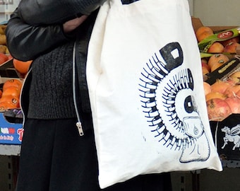 Linocut printing on organic cotton Tote Bag - NEMATOIID - Limited and numbered edition of 50 copies - NO AI guaranteed illustration