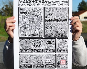 May include: Black and white print of a fantasy creature with a sword and shield. The print is surrounded by a border of text and symbols. The text reads "WOMAA MAXXAXXXXAXX 2A" and "avettad Black Version - Teratola 2013 - 1/6".