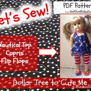 Nautical 18 inch doll pattern, top, Capri pants, shorts, pants, crop top,  and flip flops, red white and blue, Fourth of July