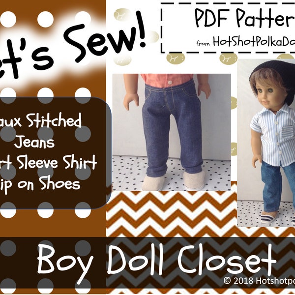 18 inch Girl or Boy doll patterns, Bundle Faux Stitched Jeans, Short Sleeve Shirt, and Slip-on Shoes, 18 inch doll