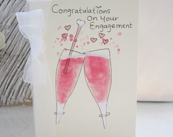 hand painted card, engagement card,  engagement gift, champagne glasses, handmade card, personalised card, niece card, nephew card, keepsake