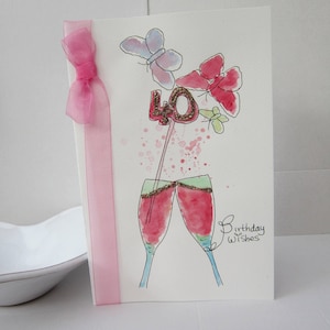 40th Birthday Card, watercolour card, wife card, daughter card, hand painted card, handmade card, personalise, 40th birthday gift, 40 card