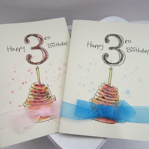 3e anniversaire, carte aquarelle, à personnaliser, carte de 3e anniversaire, carte peinte à la main, carte fille, cartes enfants, cartes enfants, carte d'anniversaire
