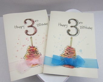 3rd Birthday, watercolour card, personalise, 3rd Birthday card, hand painted card, daughter card, kids cards, childrens cards, birthday card