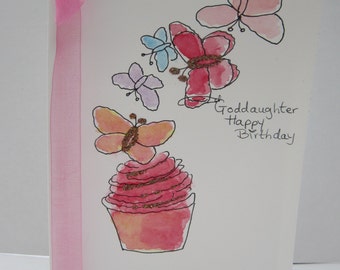 Goddaughter Birthday, watercolour card, birthday card, large card, hand painted card, special goddaughter, goddaughter card, handmade card