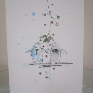 Carte de pingouins, carte aquarelle, carte de Noël, carte de Noël de femme, carte de Noël de mari, carte de Noël de fille, carte de Noël de fils, carte faite main