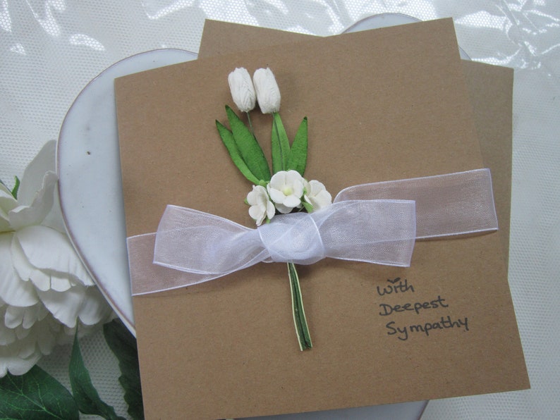 Sympathy card, condolences card, paper flowers, flowers card, tulips card, sympathy card, personalised card, white flowers, sympathy flowers image 1