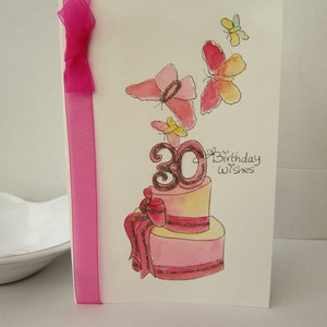 Carte 30e anniversaire, carte aquarelle, carte peinte à la main, carte 30e fille, carte 30e femme, cadeau 30e anniversaire, personnalisation, carte faite main