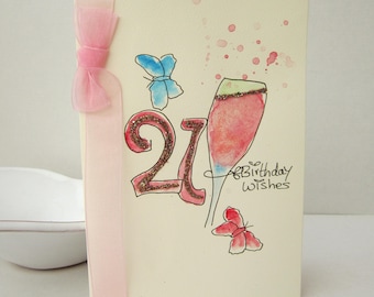 21st Birthday Card, watercolour card, daughter 21st birthday, 21st birthday gift, birthday card, hand painted card, handmade, personalise