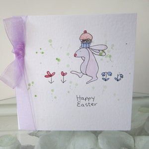 Carte de Pâques, lapin de Pâques, carte aquarelle, carte de Pâques lapin, carte faite main, carte peinte à la main, cadeau lapin, carte aquarelle, cupcake