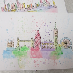 Londres, New York, carte aquarelle, carte de Londres, aquarelle de Londres, horizon de Londres, horizon de New York, carte de New York, aquarelle de New York