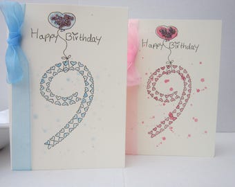 9th birthday, watercolour card, personalise, 9th Birthday card, hand painted card, daughter card, kids cards, childrens cards, birthday card