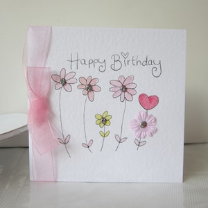 Flowers, watercolour card, birthday card, friend birthday card, niece card, daughter card, handmade card, hand painted card, daisy card