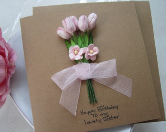 Tulips, buttercups, birthday card, paper flowers, sister birthday card, mum birthday card, handmade card, gift, keepsake card, pink card