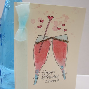 Hand painted card, wine glasses card, watercolour card, birthday card, friend card, mum birthday card, wine card, wine gift, personalise