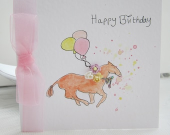 Pony, birthday card, watercolour card, horse birthday card, niece card, daughter card, handmade card, hand painted card, paper flowers, gift