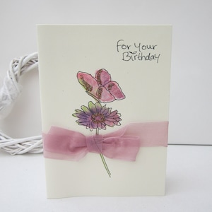 Lilac Daisy, birthday card, watercolour card, personalise, mum card, daughter card, hand painted card, butterfly card, flower card, handmade