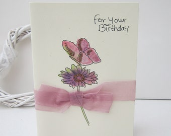 Marguerite lilas, carte d'anniversaire, carte aquarelle, à personnaliser, carte maman, carte fille, carte peinte à la main, carte papillon, carte fleur, fait main