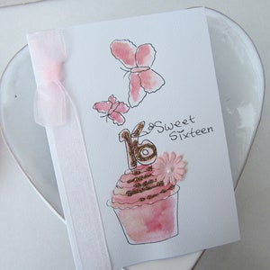 Carte de 16e anniversaire, carte aquarelle, 16e anniversaire de fille, cadeau de 16e anniversaire, carte d'anniversaire, carte peinte à la main, fait main, personnaliser