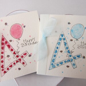 4e anniversaire, carte aquarelle, carte de 4e anniversaire, carte peinte à la main, carte fille, cartes enfants, cartes enfants, carte d'anniversaire, cadeau