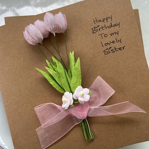 Pink Tulips, mulberry paper flowers, birthday card, wife card, mum card, handmade card, keepsake card, Mother’s Day card, flowers card
