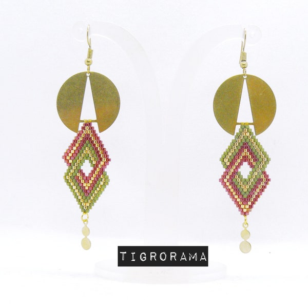 grande boucles d'oreille style ethnique miyuki bordeaux et kaki