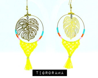 aro de hoja y macramé, perlas miyuki rosa y naranja