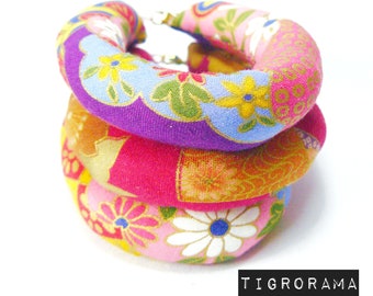 trio de bracelet tissu japonais ton rose, violet, rouge et jaune