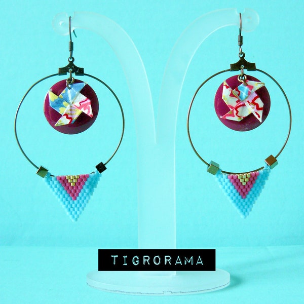 boucles d'oreille créole émail framboise , origami  moulin  et triangle miyuki