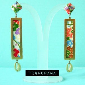 boucles d'oreille twin  rectangle papier japonais orange et bleu