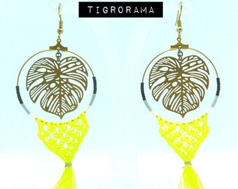 hoja exótica criolla, macramé y perlas miyuki negras y grises
