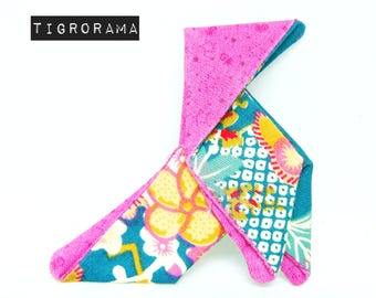 broche cazuela de origami de tela japonesa violeta, rosa frambuesa y azul petróleo