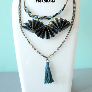 multi-row origami fan necklace, braided pearls and tassel image 1