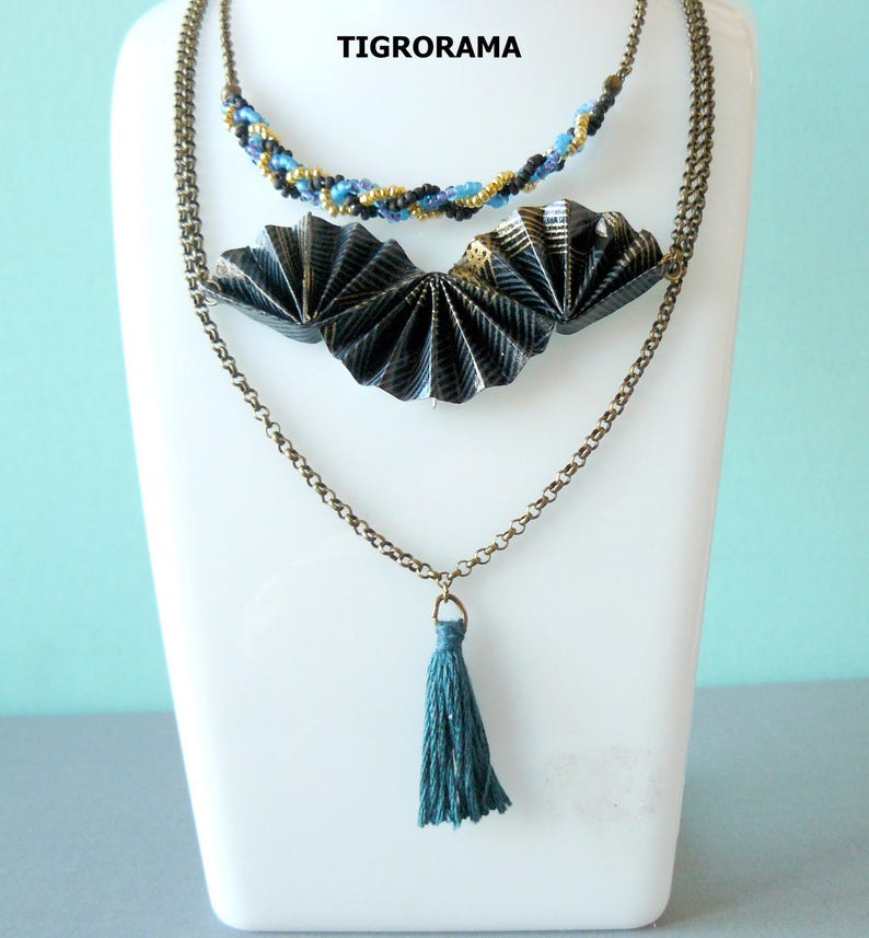 multi-row origami fan necklace, braided pearls and tassel image 1