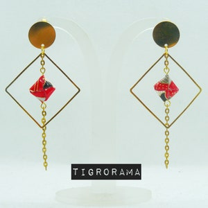 pendientes origami cuadrados grandes rojo y dorado